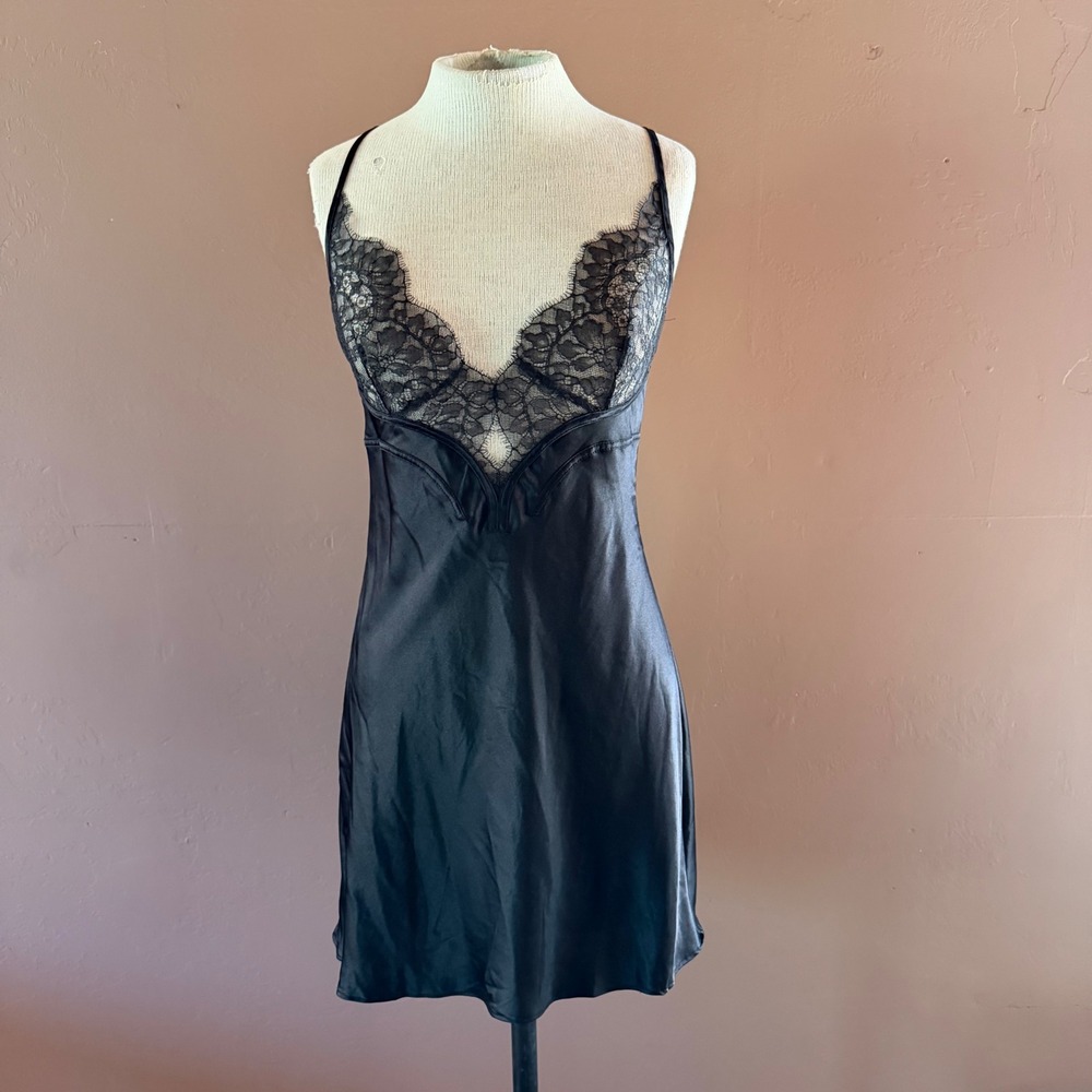 Victoria's Secret Slip Dress Black Lace Satin Mini Lingerie Sheer Sexy Small